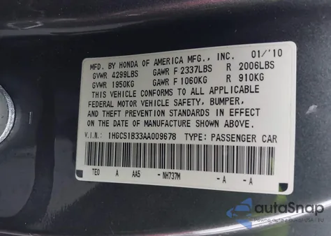 2010 Honda Accord 2.4 Lx-S from USA, damaged, VIN 1HGCS1B33AA009678